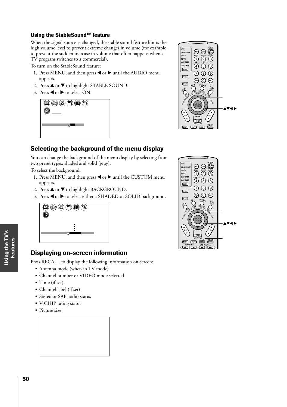 Selecting background of menu display, Selecting the background of the menu display, Displaying on-screen information | Using the stablesound, Feature, Yzx • menu recall, Yzx • menu | Toshiba 34HF81 User Manual | Page 50 / 56