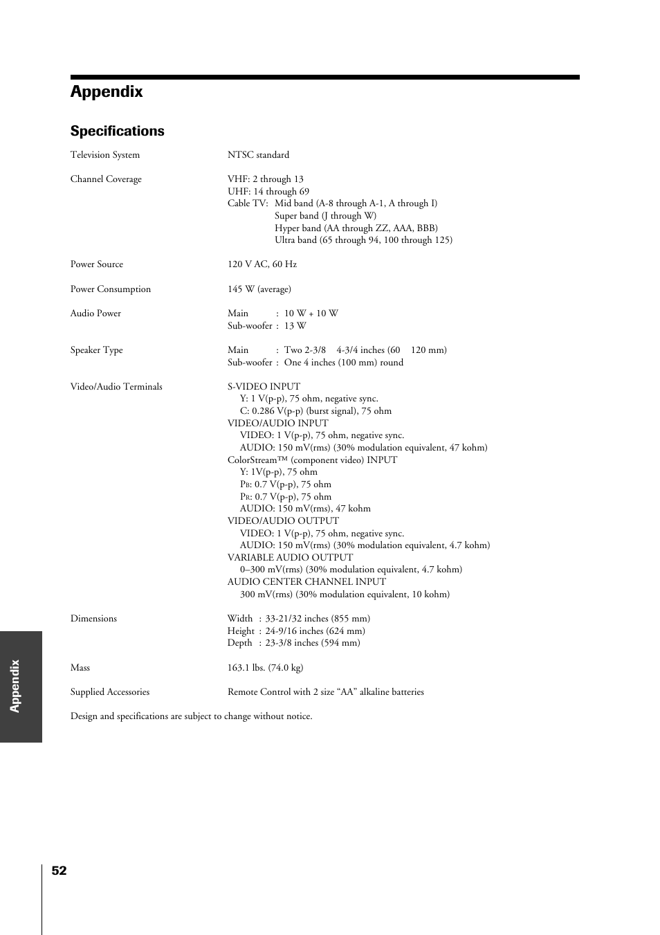 Appendix, Specifications | Toshiba 34HF81 User Manual | Page 52 / 56