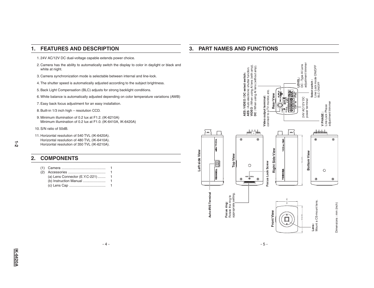 Part names and functions, Features and description, Components | Toshiba IK-6420A1-1 User Manual | Page 2 / 7