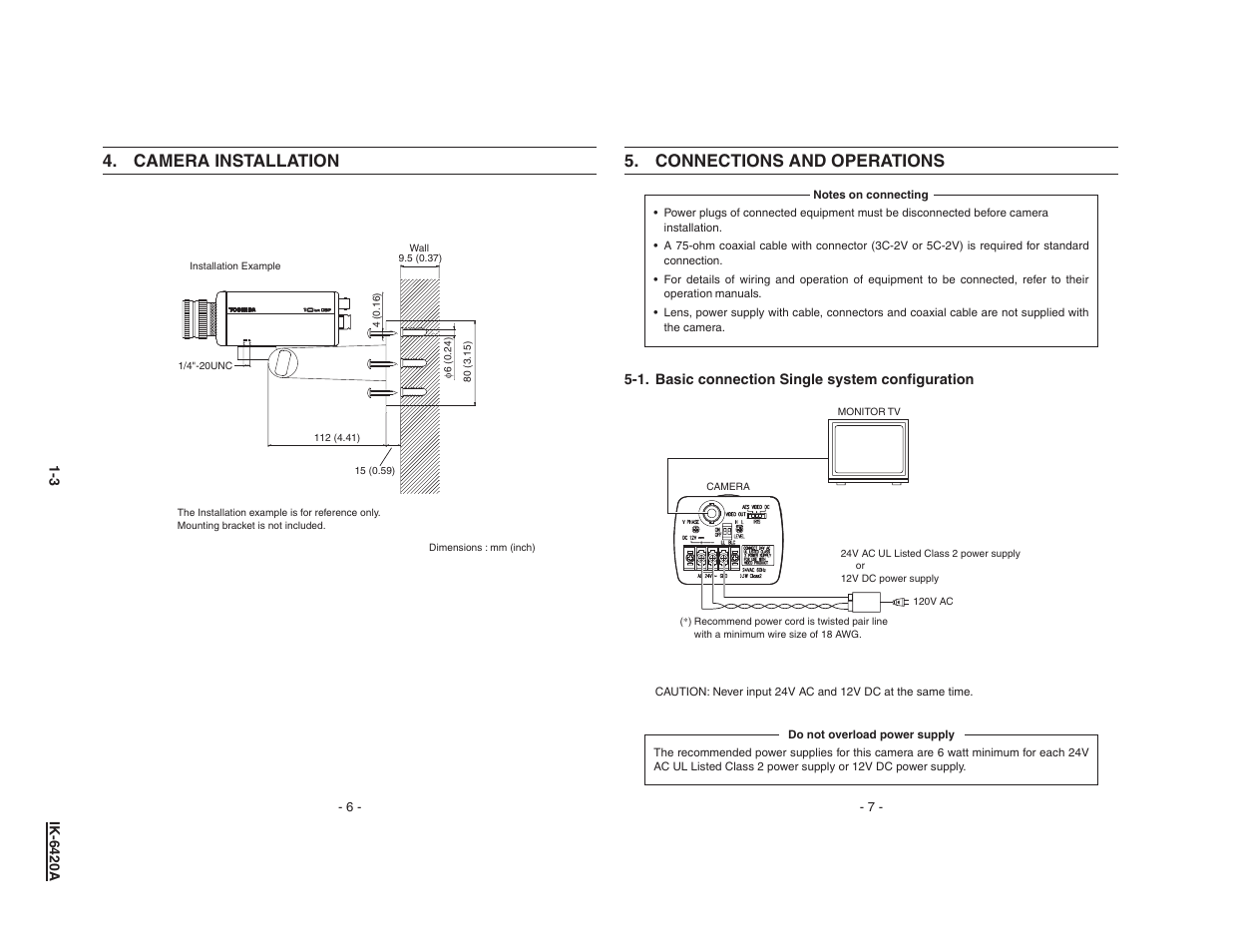 Connections and operations, Camera installation | Toshiba IK-6420A1-1 User Manual | Page 3 / 7