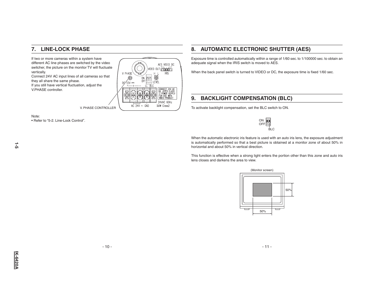 Automatic electronic shutter (aes), Backlight compensation (blc), Line-lock phase | Toshiba IK-6420A1-1 User Manual | Page 5 / 7