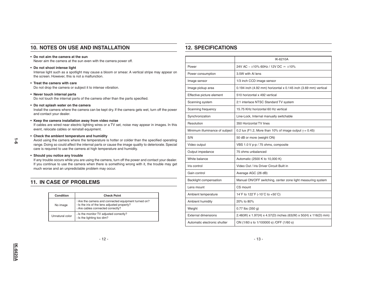 Specifications | Toshiba IK-6420A1-1 User Manual | Page 6 / 7