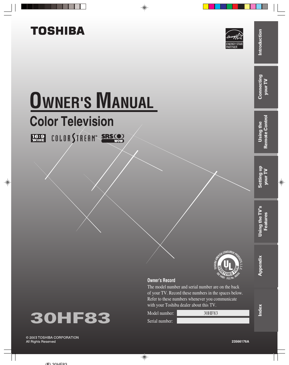 Toshiba 30HF83 User Manual | 60 pages