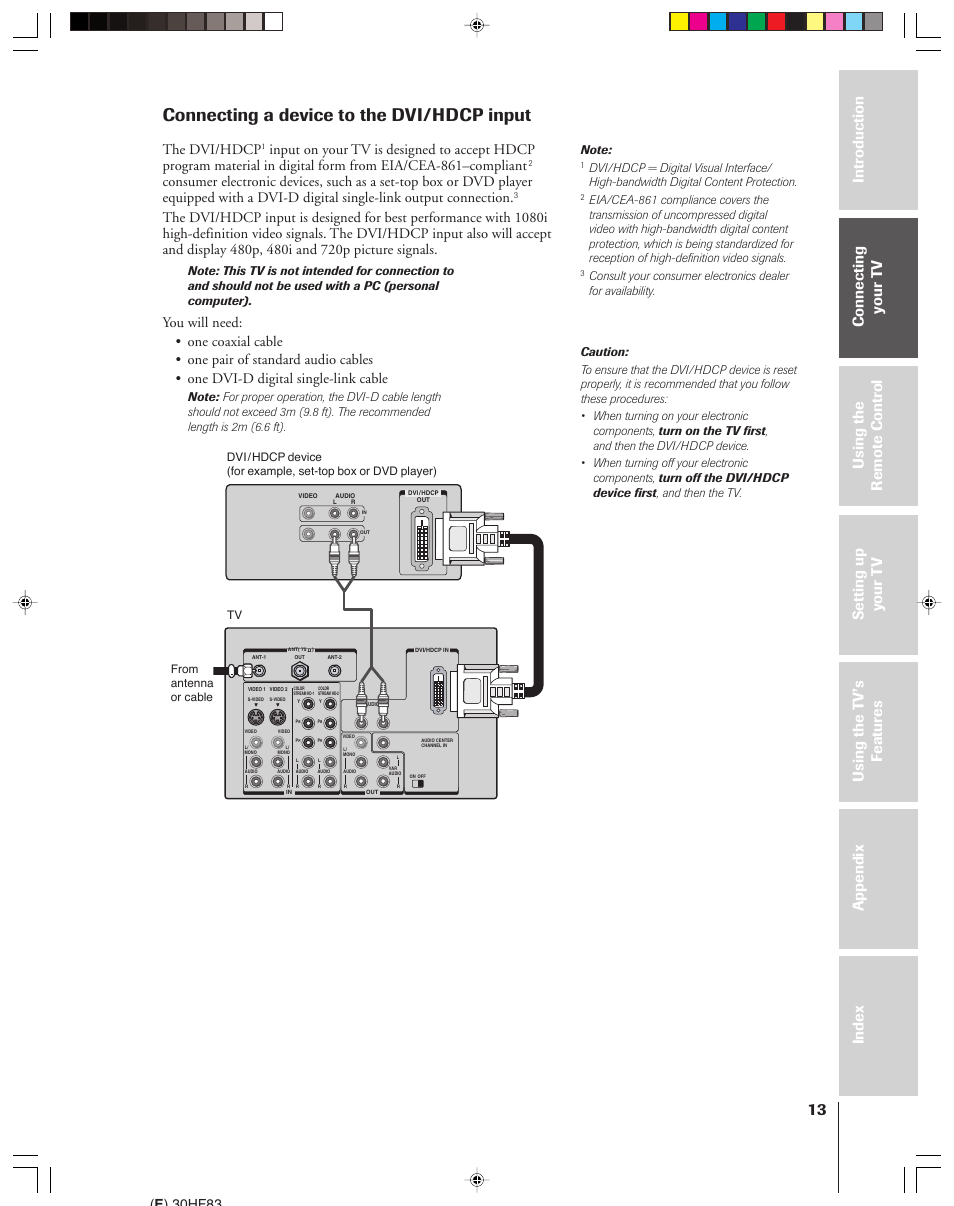 Dvi/hdcp input, Connecting a device to the dvi/hdcp input, The dvi/hdcp | E ) 30hf83 | Toshiba 30HF83 User Manual | Page 13 / 60