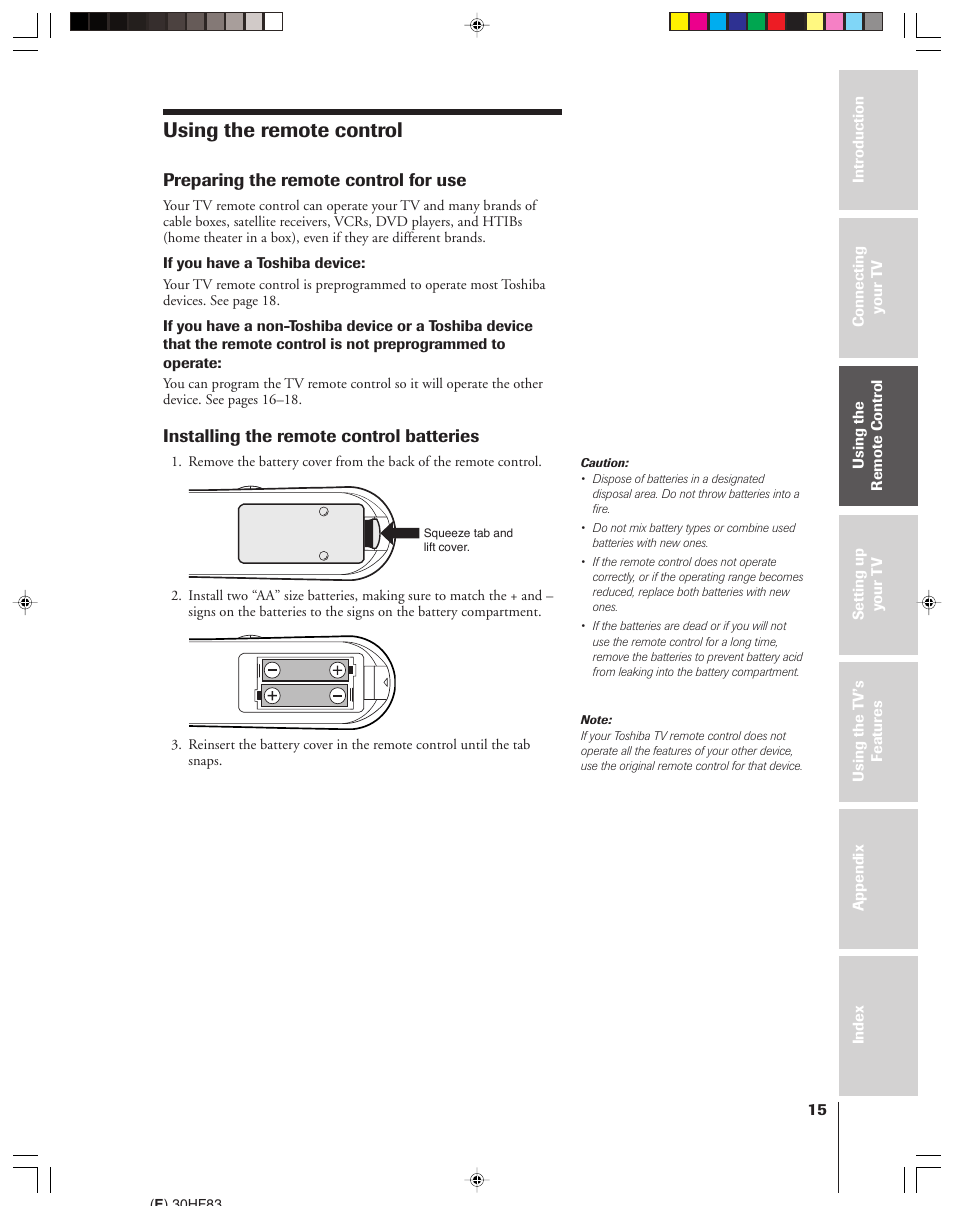 Using the remote control, Preparing for use, Preparing the remote control for use | Installing the remote control batteries | Toshiba 30HF83 User Manual | Page 15 / 60