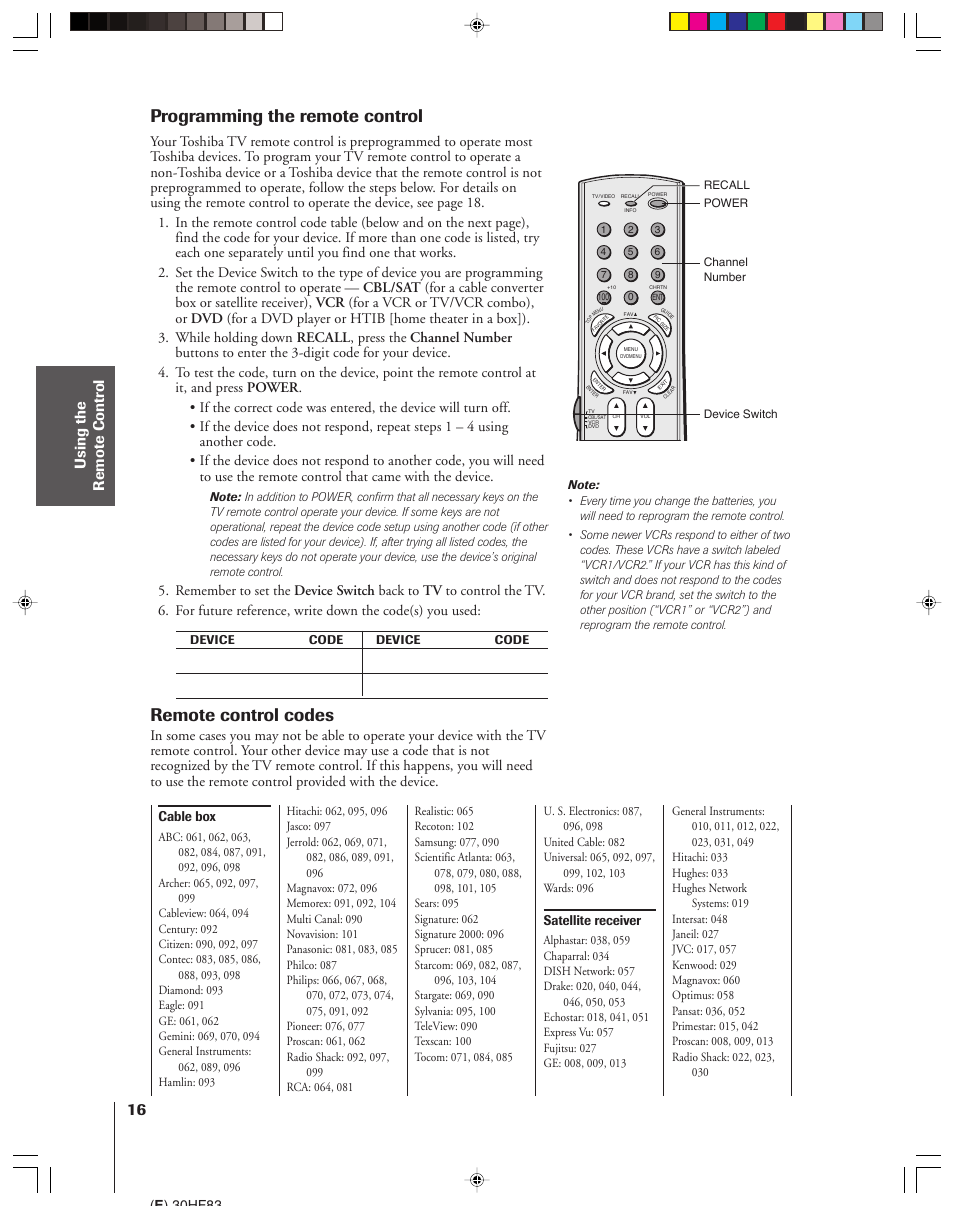 Programming / remote control codes, Programming the remote control, Remote control codes | Toshiba 30HF83 User Manual | Page 16 / 60