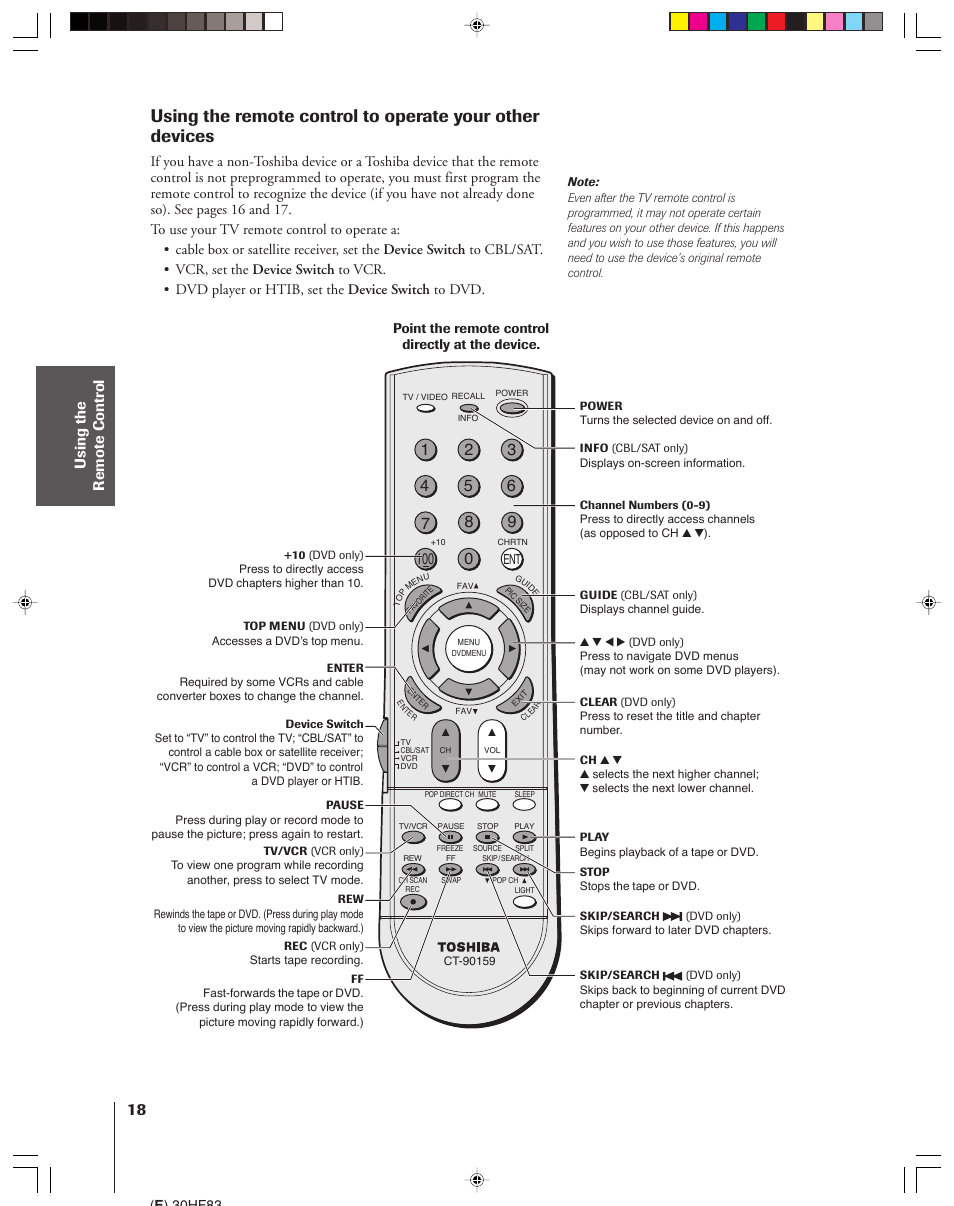 Using to operate your other devices | Toshiba 30HF83 User Manual | Page 18 / 60