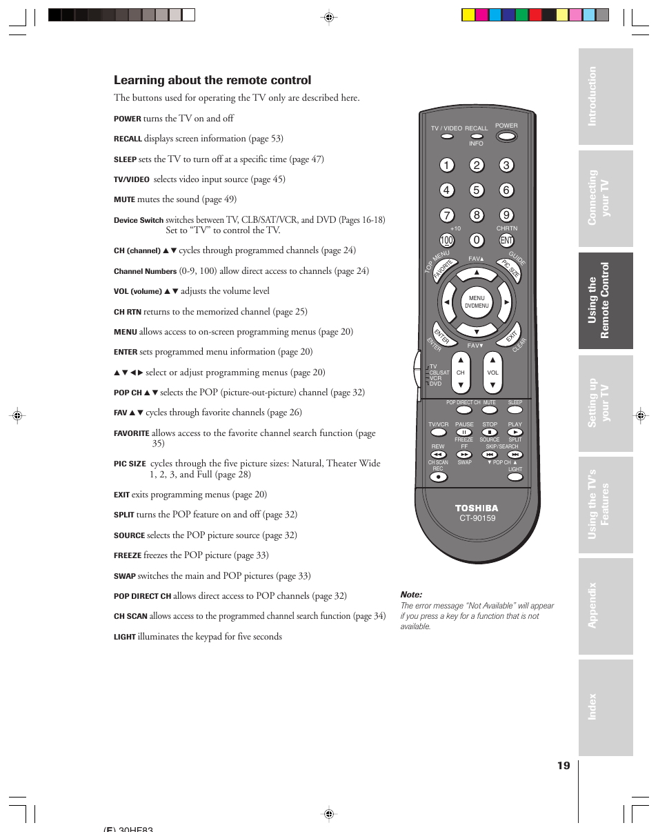 Learning about the remote control | Toshiba 30HF83 User Manual | Page 19 / 60