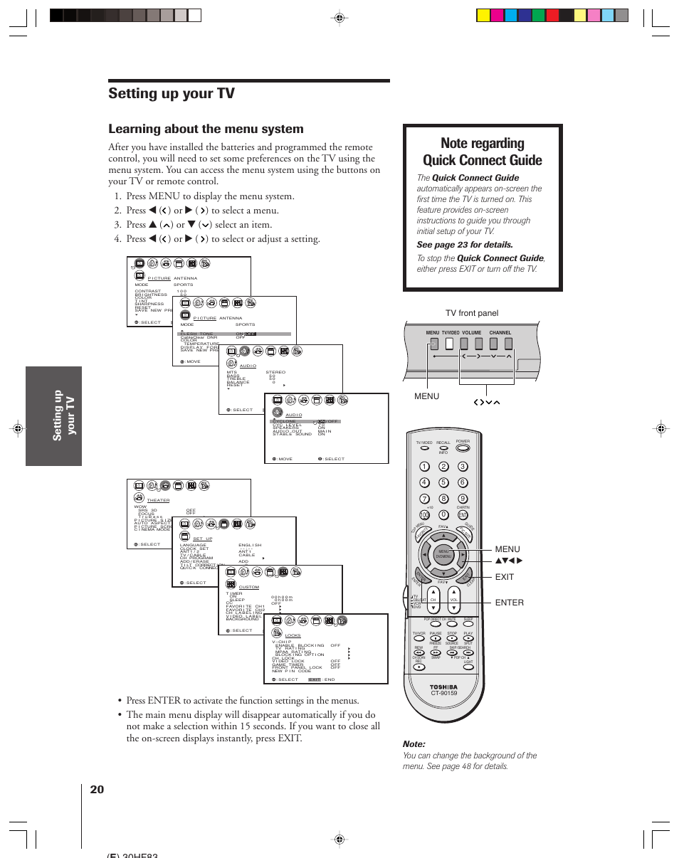 Setting up your tv, Learning about the menu system, E ) 30hf83 | Yzx • enter menu menu tv front panel, Exit | Toshiba 30HF83 User Manual | Page 20 / 60