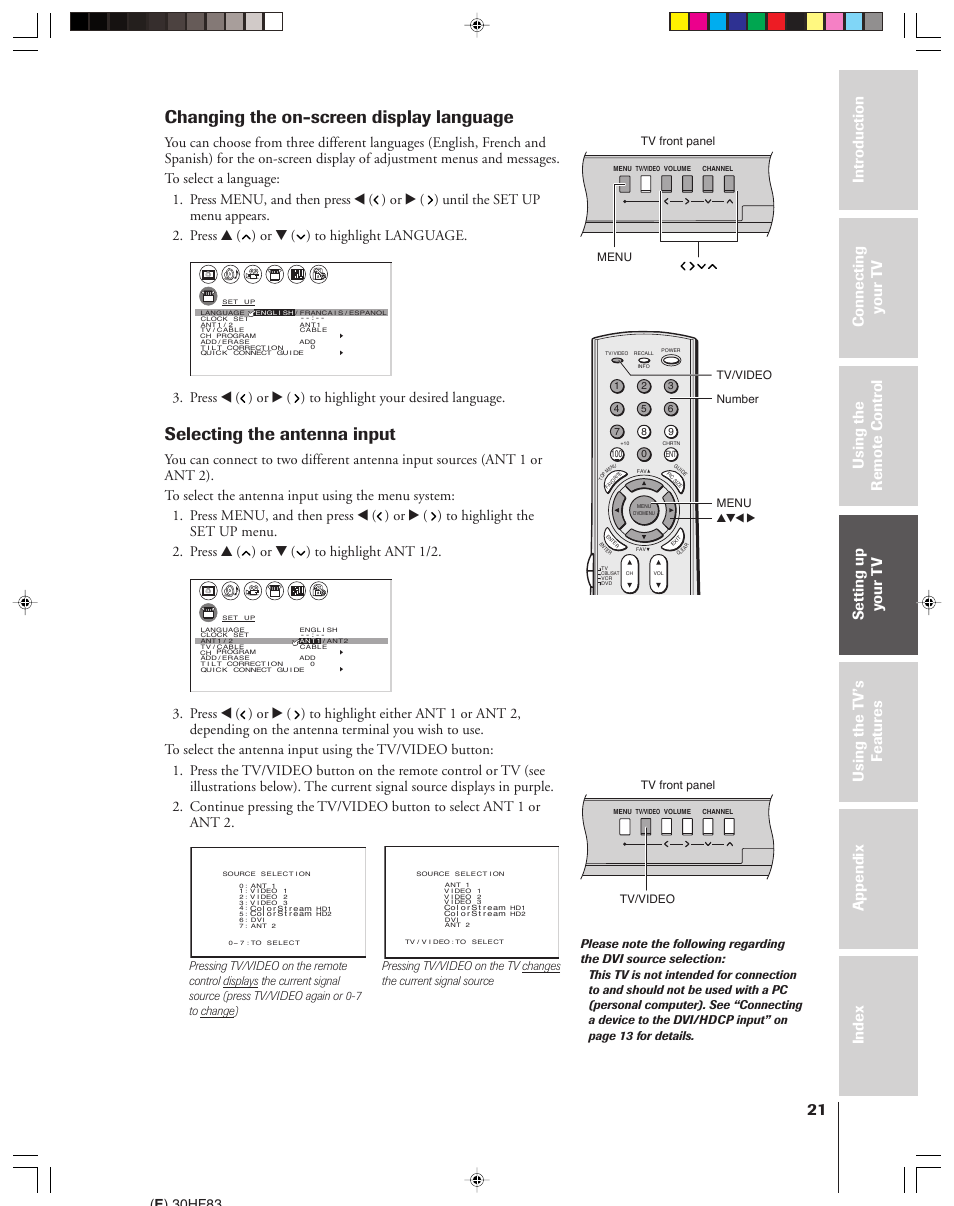 Changing the on-screen display language, Selecting the antenna input, E ) 30hf83 | Menu yzx • tv/video, Tv/video, Menu tv front panel, Tv front panel number | Toshiba 30HF83 User Manual | Page 21 / 60