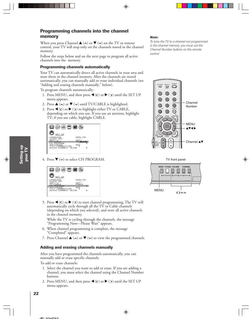 Programming channels into the channel memory, Programming channels automatically, Adding and erasing channels manually | Press z ( ) to select ch program, E ) 30hf83, Menu yzx • channel yz, Channel number, Menu tv front panel | Toshiba 30HF83 User Manual | Page 22 / 60