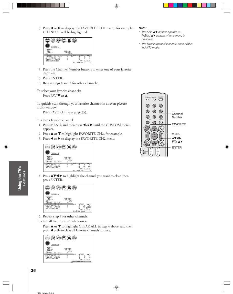 E ) 30hf83, Buttons operate as menu, Channel number menu yzx • fav yz | Favorite enter | Toshiba 30HF83 User Manual | Page 26 / 60