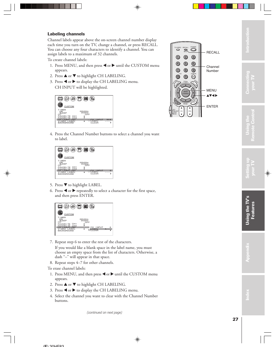 Labeling channels, E ) 30hf83, Continued on next page) | Yzx • channel number menu, Enter recall | Toshiba 30HF83 User Manual | Page 27 / 60