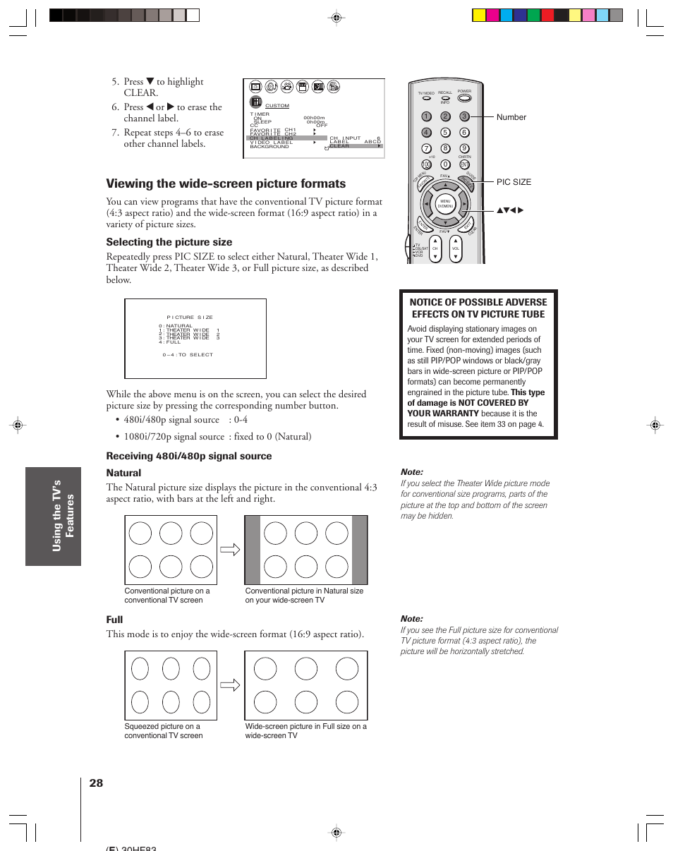 Wide-screen picture formats, Viewing the wide-screen picture formats, Selecting the picture size | E ) 30hf83, Pic size, Number | Toshiba 30HF83 User Manual | Page 28 / 60