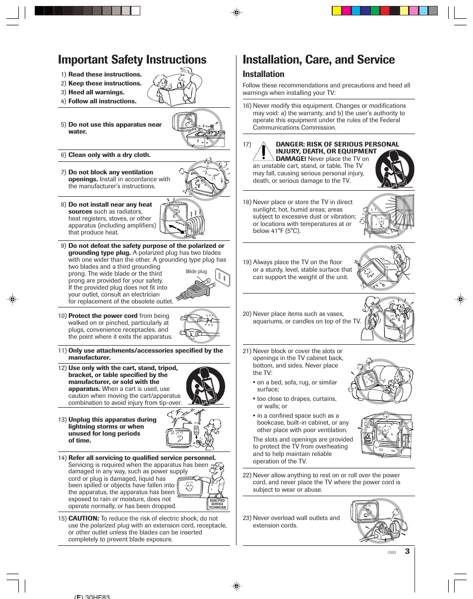 Installation, care, and service, Important safety instructions, Installation | Toshiba 30HF83 User Manual | Page 3 / 60