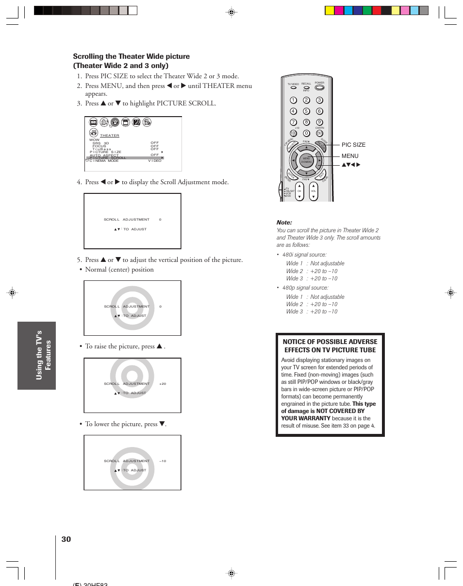Press x or • to display the scroll adjustment mode, E ) 30hf83, Pic size menu | Toshiba 30HF83 User Manual | Page 30 / 60