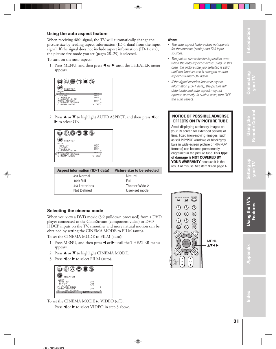Using the auto aspect feature, Selecting the cinema mode, E ) 30hf83 | Yzx • menu | Toshiba 30HF83 User Manual | Page 31 / 60