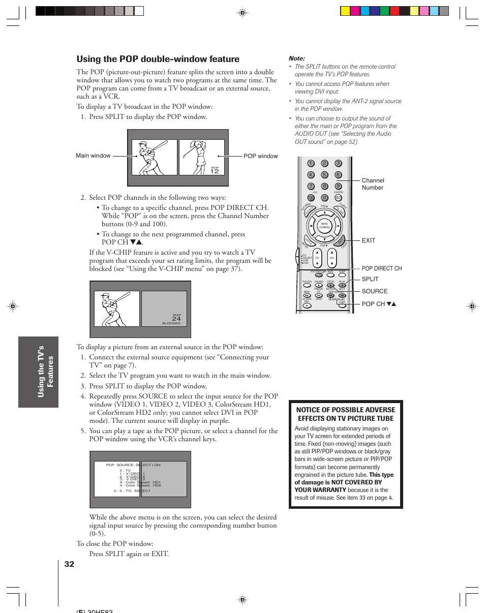 Pop double-window, Using the pop double-window feature, E ) 30hf83 | Toshiba 30HF83 User Manual | Page 32 / 60
