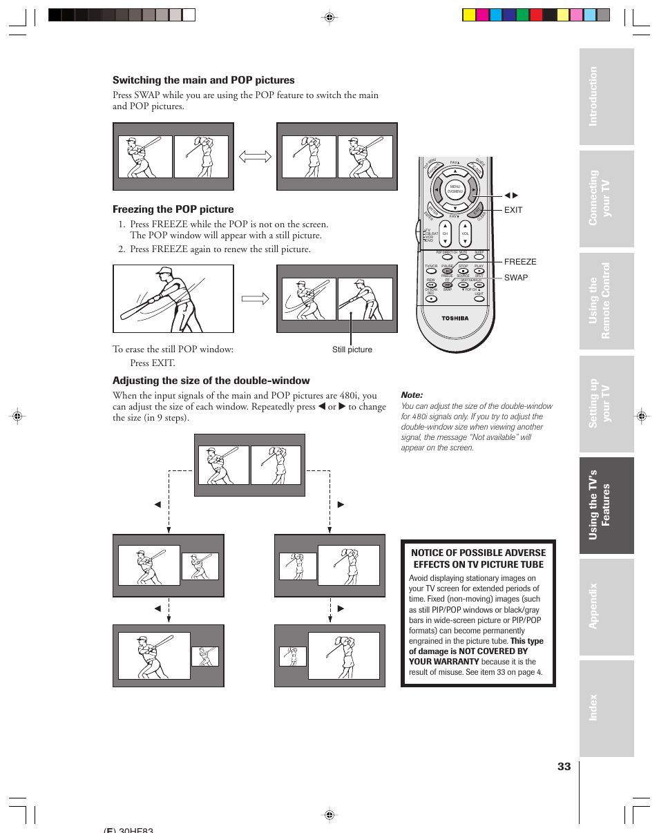 Switching the main and pop pictures, Freezing the pop picture, Adjusting the size of the double-window | E ) 30hf83 | Toshiba 30HF83 User Manual | Page 33 / 60