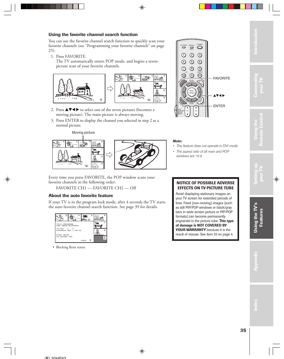 Using the favorite channel search function, About the auto favorite feature, E ) 30hf83 | Blocking reset status | Toshiba 30HF83 User Manual | Page 35 / 60