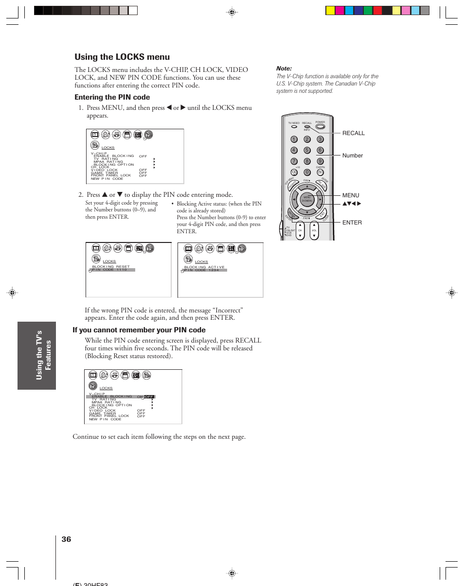 Locks menu, Using the locks menu, Entering the pin code | If you cannot remember your pin code, Press y or z to display the pin code entering mode, E ) 30hf83, Yzx • recall number menu, Enter | Toshiba 30HF83 User Manual | Page 36 / 60