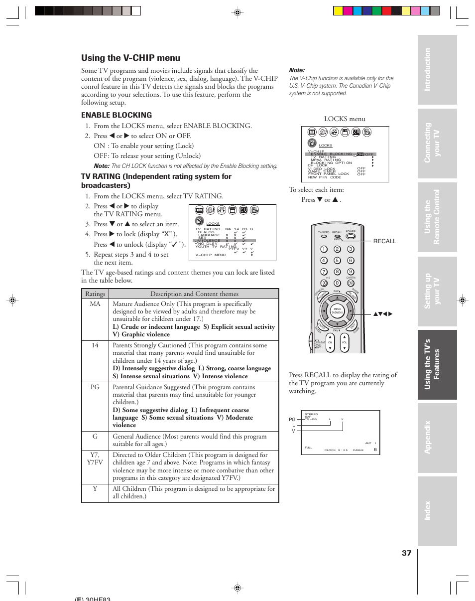 V-chip menu, Using the v-chip menu, Enable blocking | Locks menu, E ) 30hf83, Recall | Toshiba 30HF83 User Manual | Page 37 / 60