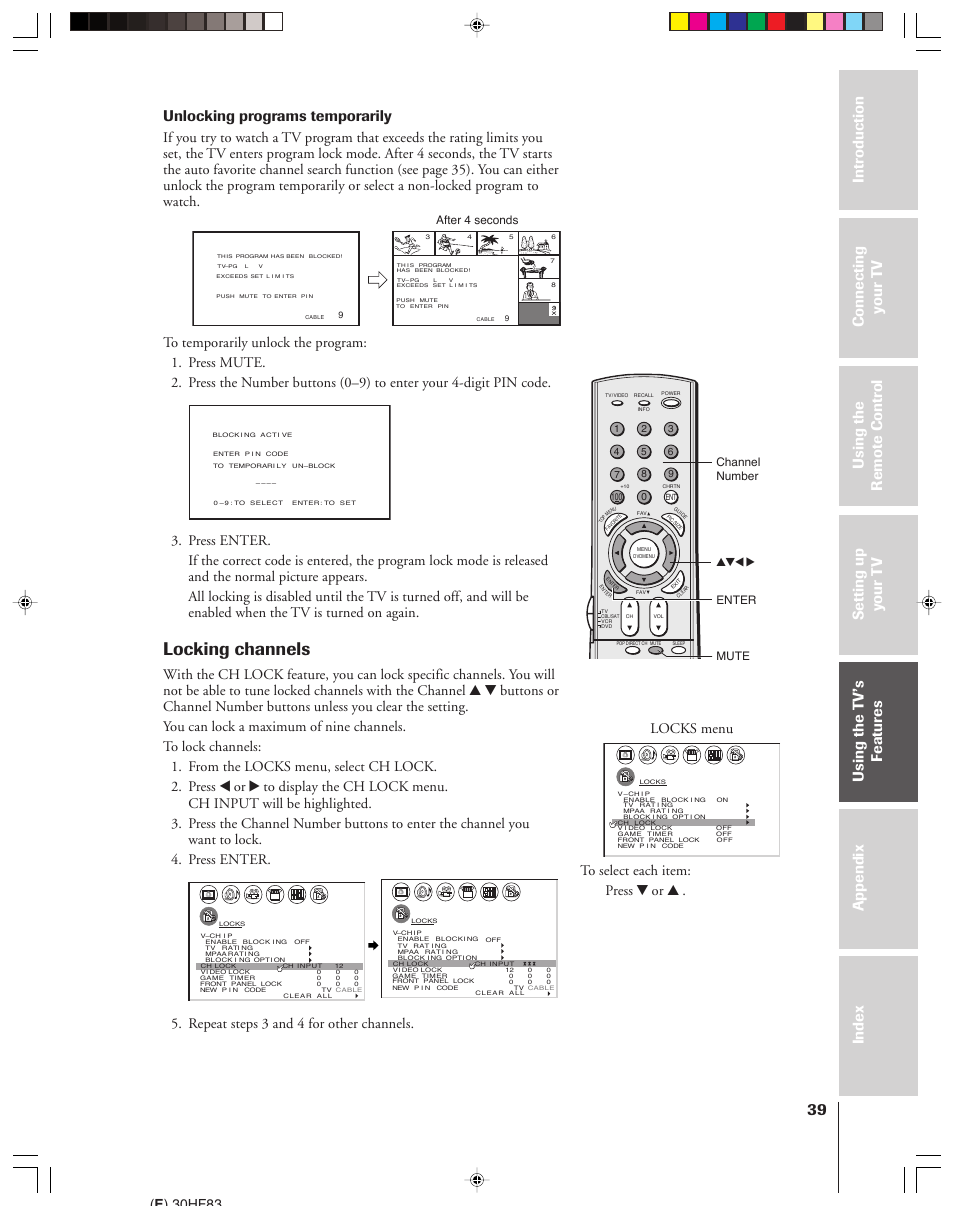 Locking channels, Unlocking programs temporarily, Repeat steps 3 and 4 for other channels | Locks menu, E ) 30hf83, Enter yzx • mute after 4 seconds channel number | Toshiba 30HF83 User Manual | Page 39 / 60