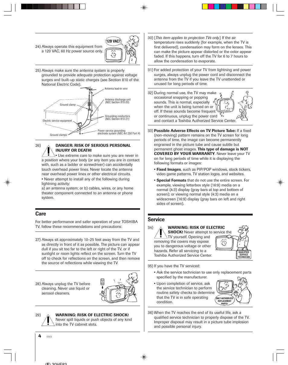 Care, Service | Toshiba 30HF83 User Manual | Page 4 / 60