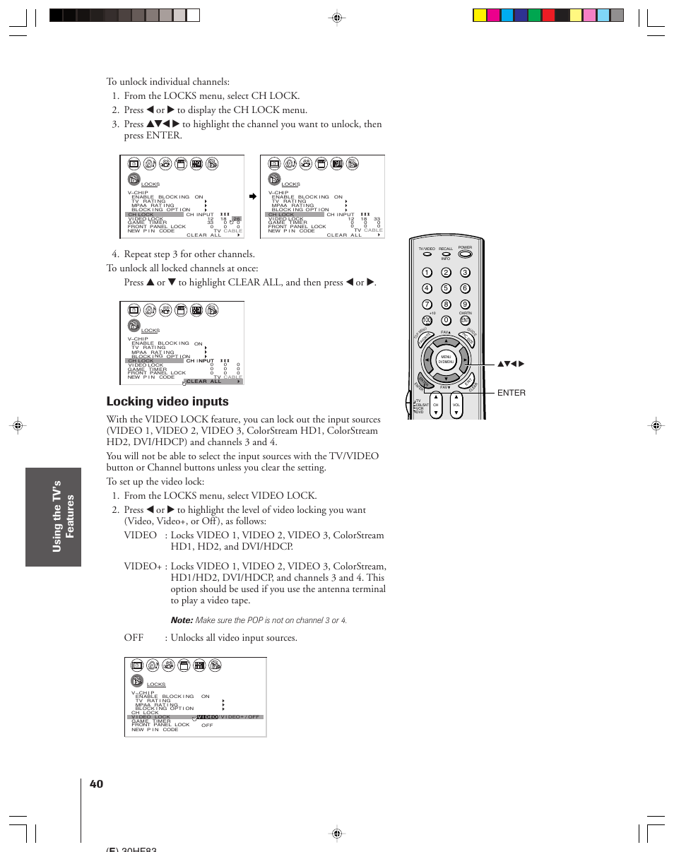 Locking video inputs, Off : unlocks all video input sources, E ) 30hf83 | Enter yzx | Toshiba 30HF83 User Manual | Page 40 / 60