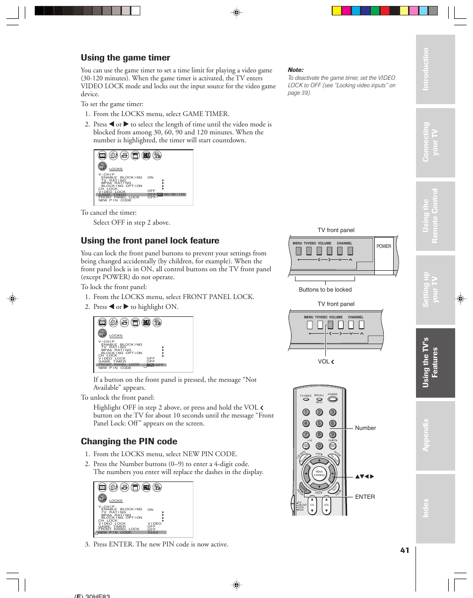 Game timer / front panel lock feature, Using the game timer, Using the front panel lock feature | Changing the pin code, Press enter. the new pin code is now active, E ) 30hf83, Yzx • enter number buttons to be locked, Tv front panel, Power | Toshiba 30HF83 User Manual | Page 41 / 60