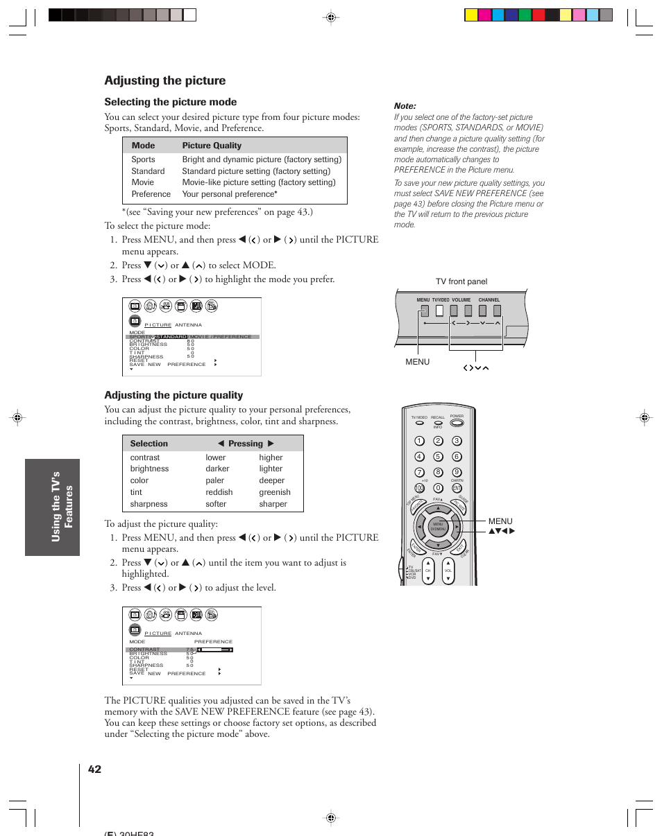 Adjusting the picture, Selecting the picture mode, Adjusting the picture quality | E ) 30hf83, Menu yzx, Menu tv front panel | Toshiba 30HF83 User Manual | Page 42 / 60