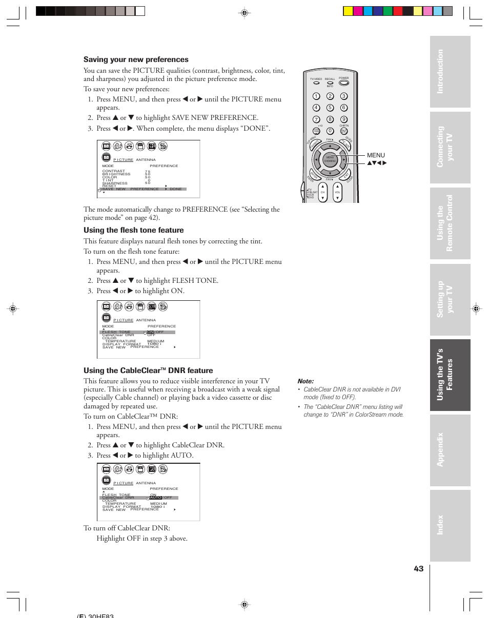 Saving your new preferences, Using the flesh tone feature, Using the cableclear™ dnr feature | E ) 30hf83 | Toshiba 30HF83 User Manual | Page 43 / 60