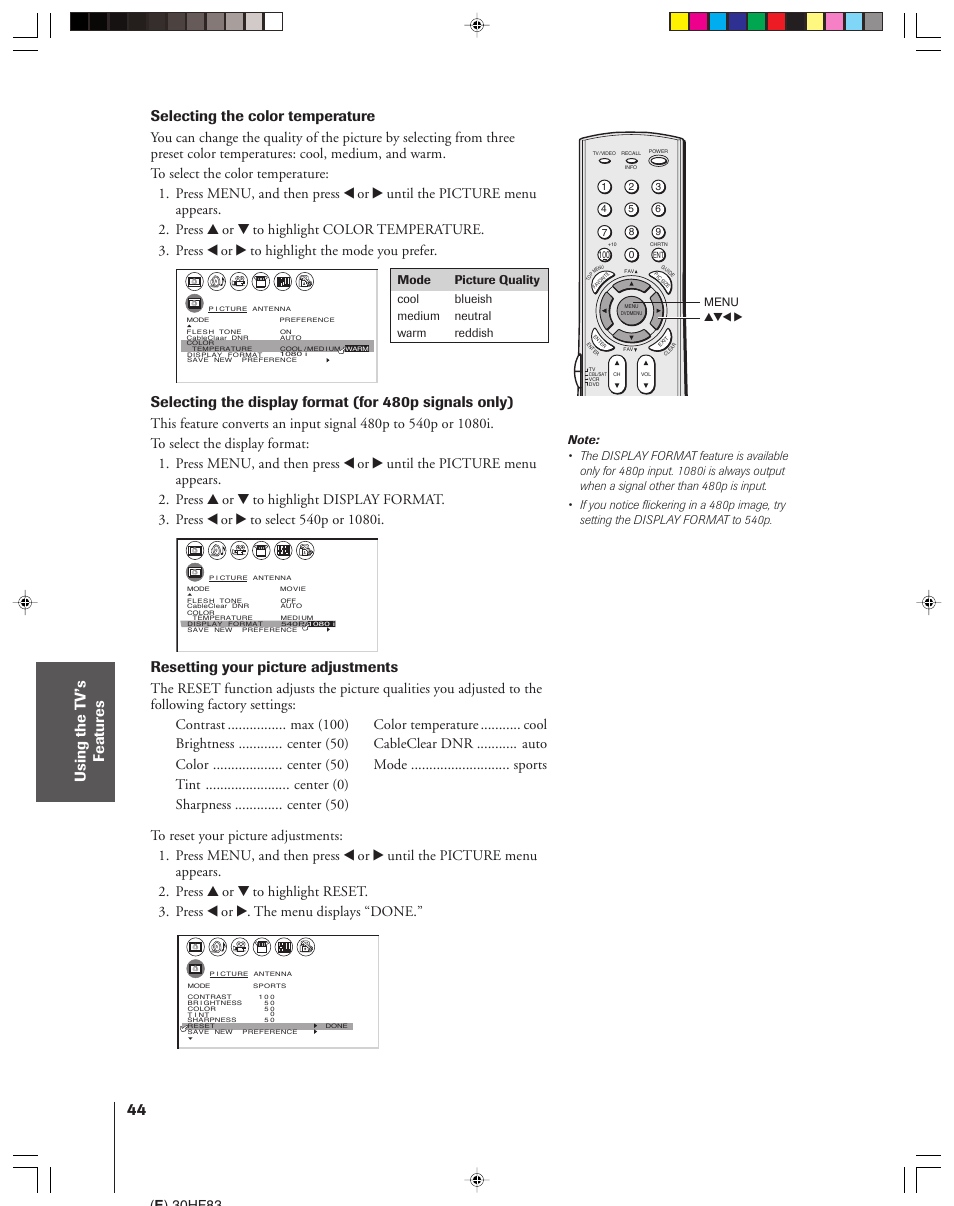 Selecting the color temperature, Resetting your picture adjustments, E ) 30hf83 | Menu yzx | Toshiba 30HF83 User Manual | Page 44 / 60