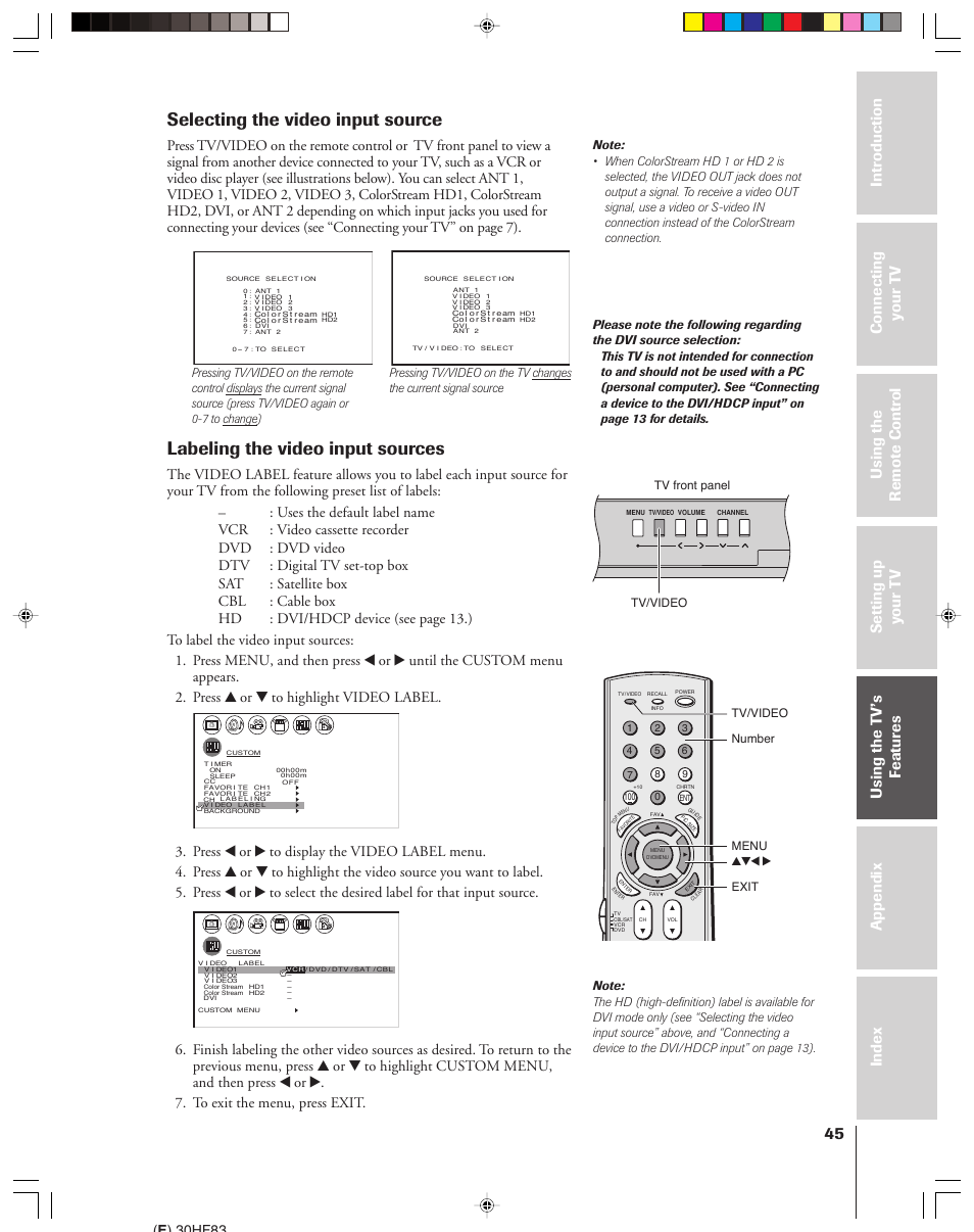 Selecting / labeling video input sources, Selecting the video input source, Labeling the video input sources | E ) 30hf83, Tv/video menu yzx • exit tv/video, Tv front panel number | Toshiba 30HF83 User Manual | Page 45 / 60