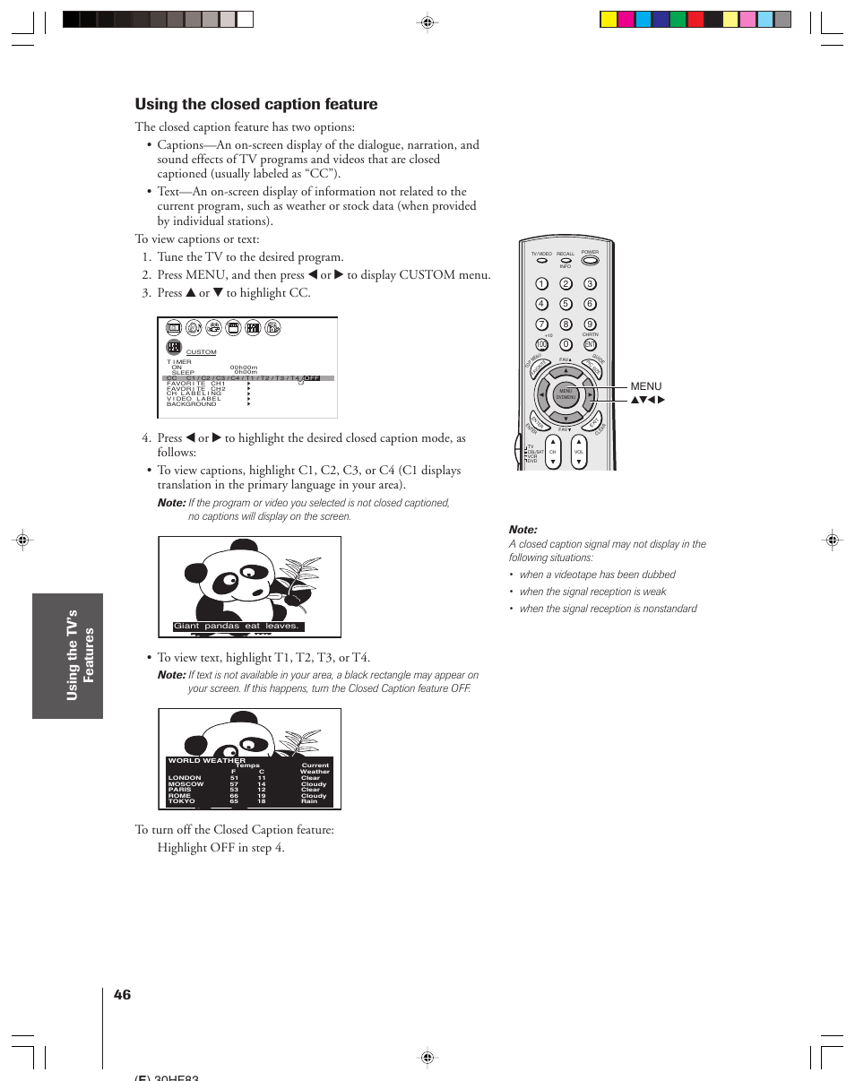 Closed caption, Using the closed caption feature, E ) 30hf83 | Menu yzx | Toshiba 30HF83 User Manual | Page 46 / 60