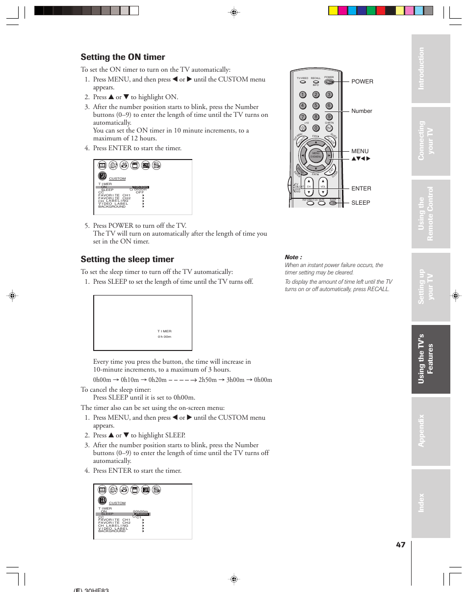 Setting the on timer / sleep timer, Setting the on timer, Setting the sleep timer | E ) 30hf83, Enter power yzx • menu number sleep | Toshiba 30HF83 User Manual | Page 47 / 60