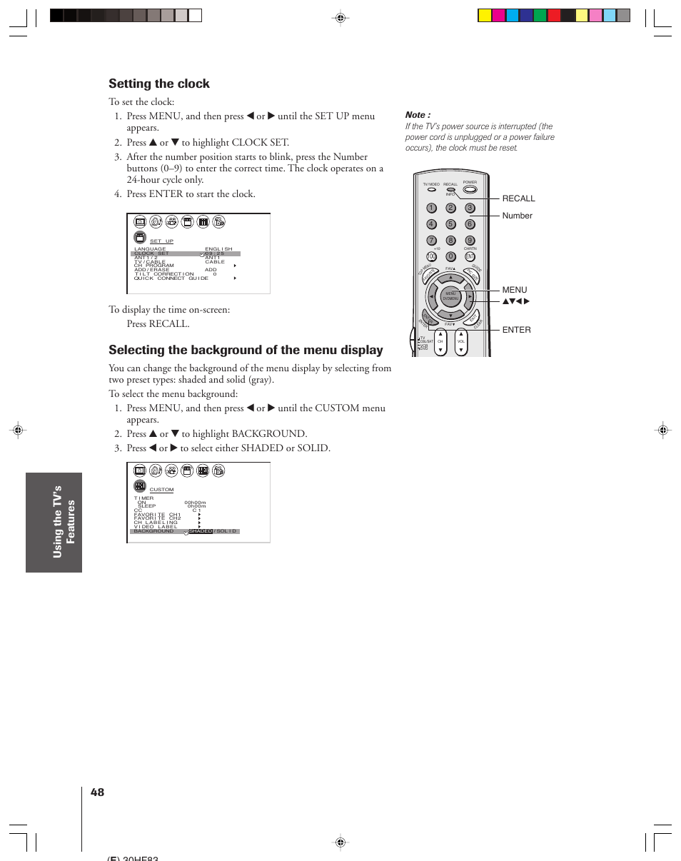Setting the clock, Selecting the background of the menu display, E ) 30hf83 | Yzx • recall menu, Enter number | Toshiba 30HF83 User Manual | Page 48 / 60