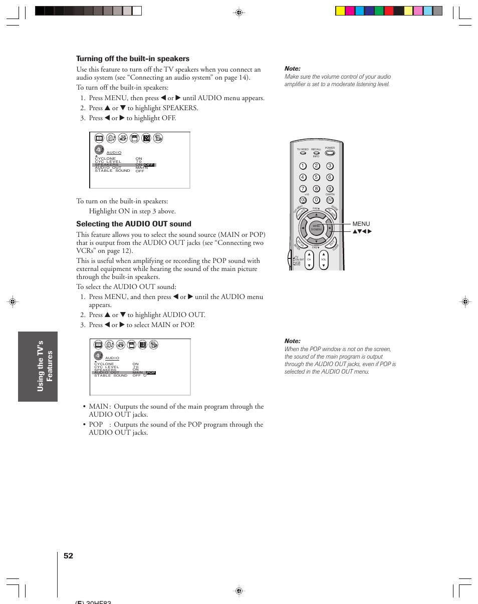 Turning off the built-in speakers, Selecting the audio out sound, E ) 30hf83 | Yzx • menu | Toshiba 30HF83 User Manual | Page 52 / 60