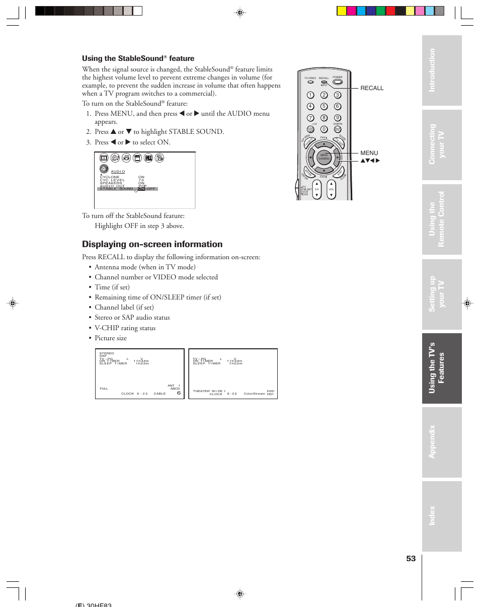 Displaying on-screen information, Using the stablesound, Feature | When the signal source is changed, the stablesound, E ) 30hf83, Yzx • menu recall | Toshiba 30HF83 User Manual | Page 53 / 60