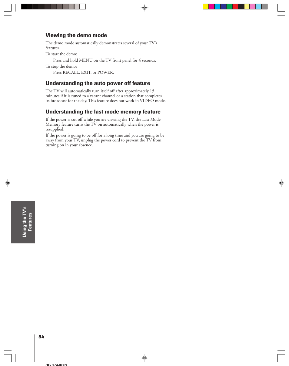 Viewing the demo mode | Toshiba 30HF83 User Manual | Page 54 / 60