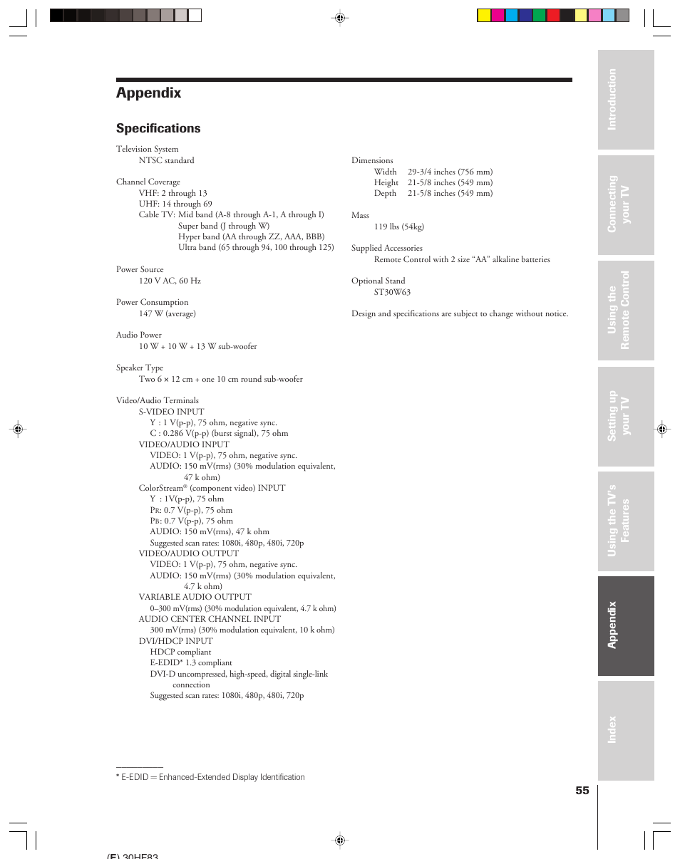 Appendix, Specifications | Toshiba 30HF83 User Manual | Page 55 / 60