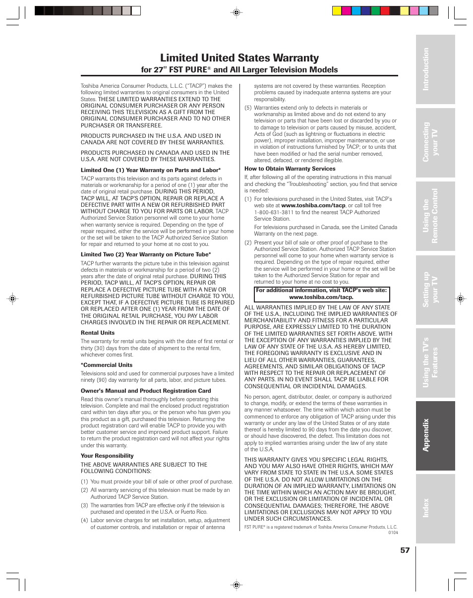 Limited united states warranty, For 27'' fst pure, And all larger television models | Toshiba 30HF83 User Manual | Page 57 / 60