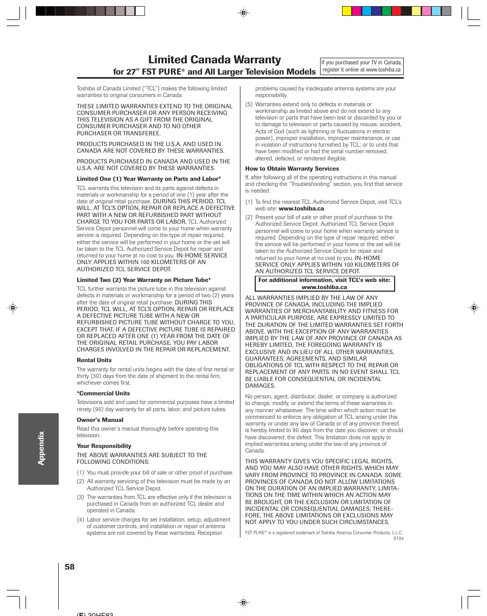 Limited canada warranty, For 27'' fst pure, And all larger television models | Toshiba 30HF83 User Manual | Page 58 / 60
