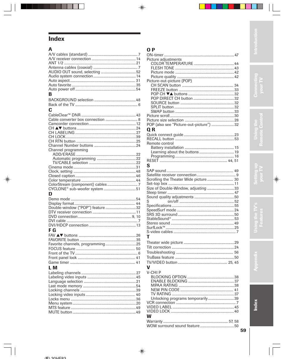 Index | Toshiba 30HF83 User Manual | Page 59 / 60