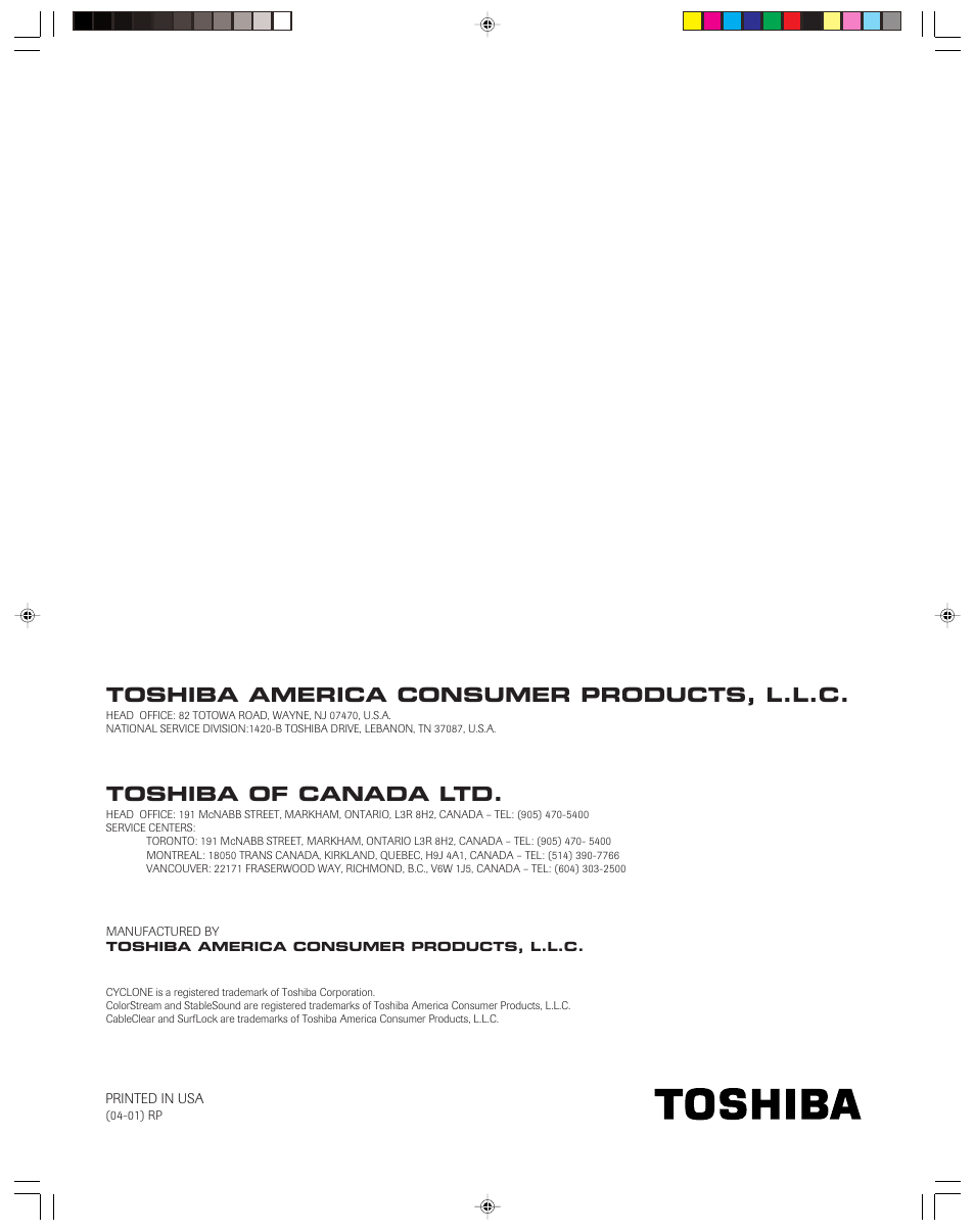Back cover, Toshiba america consumer products, l.l.c, Toshiba of canada ltd | Toshiba 30HF83 User Manual | Page 60 / 60