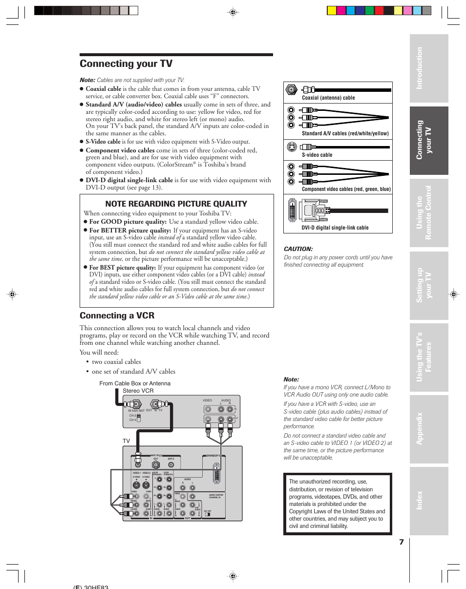 Connecting your tv, Connecting a vcr, E ) 30hf83 | Is toshiba’s brand of component video.), When connecting video equipment to your toshiba tv | Toshiba 30HF83 User Manual | Page 7 / 60