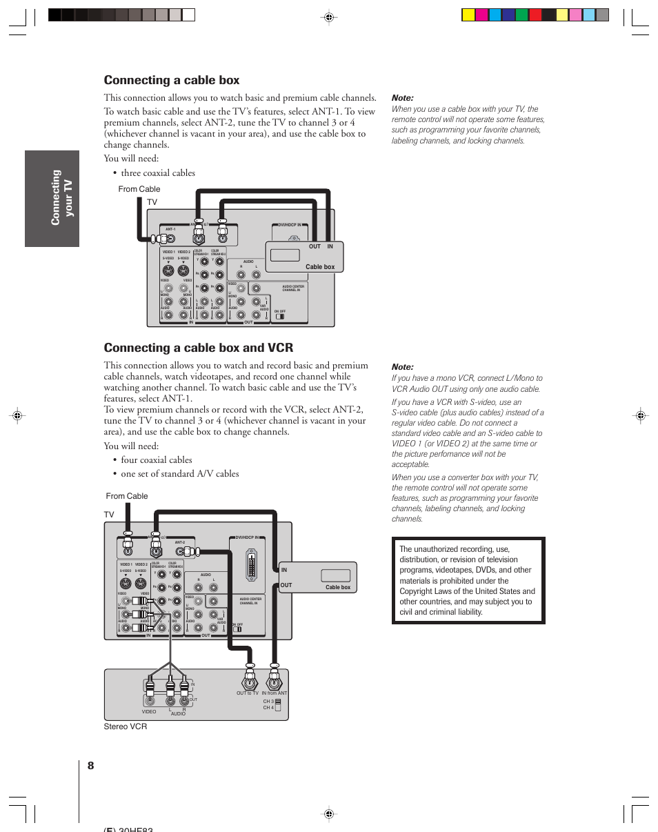 Cable box / cable box and vcr, Connecting a cable box, Connecting a cable box and vcr | E ) 30hf83, Tv from cable tv from cable stereo vcr | Toshiba 30HF83 User Manual | Page 8 / 60