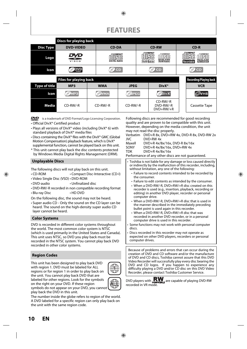 Features, 10 en | Toshiba DVR670KU User Manual | Page 10 / 124