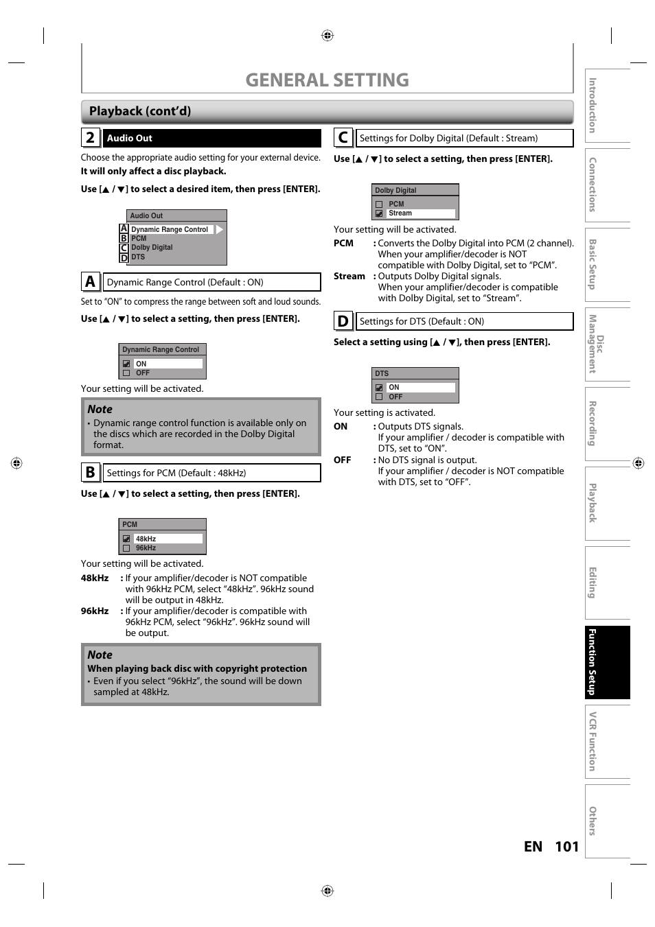 General setting, 101 en, Playback (cont’d) | Toshiba DVR670KU User Manual | Page 101 / 124