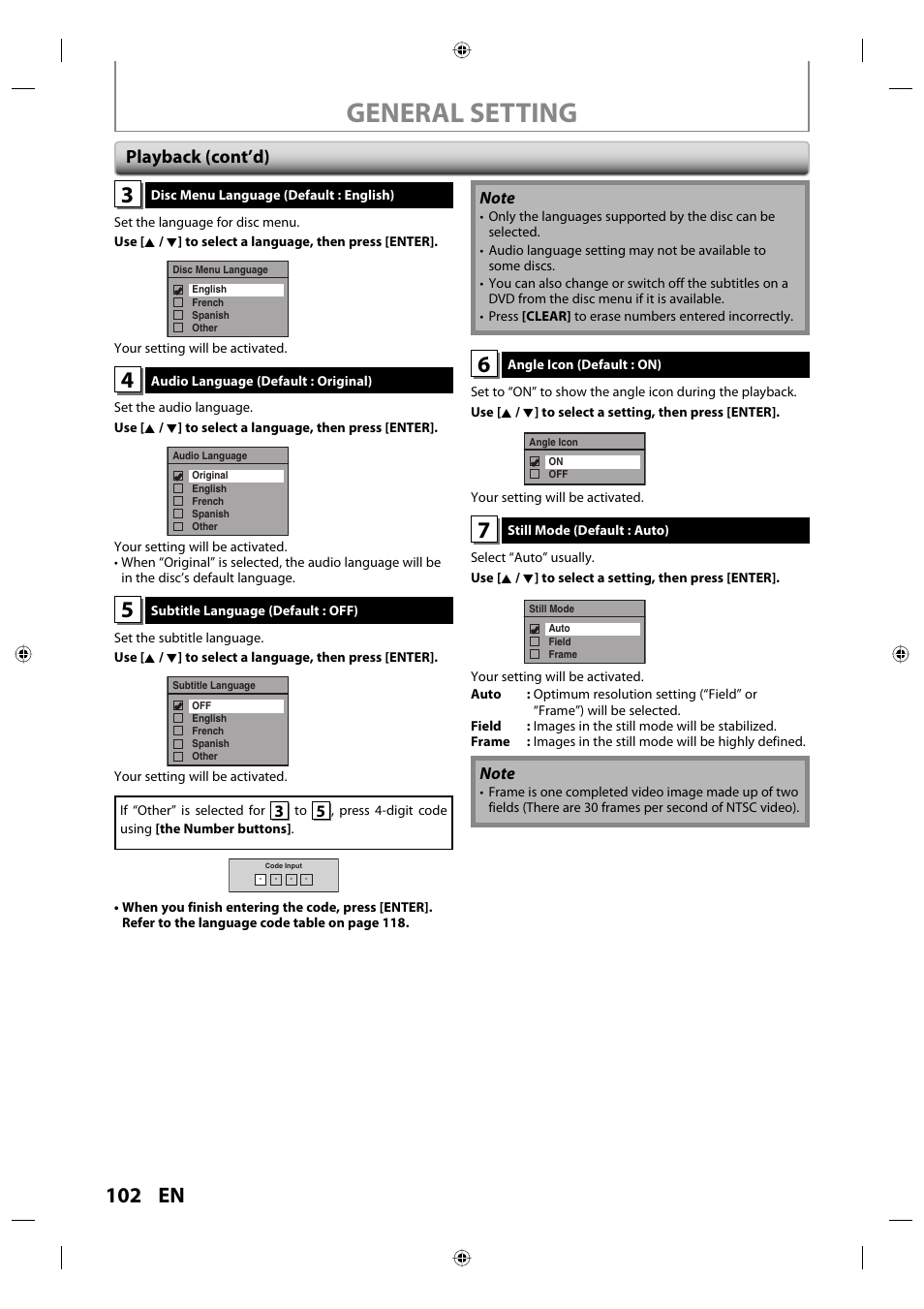 General setting, 102 en, Playback (cont’d) | Toshiba DVR670KU User Manual | Page 102 / 124